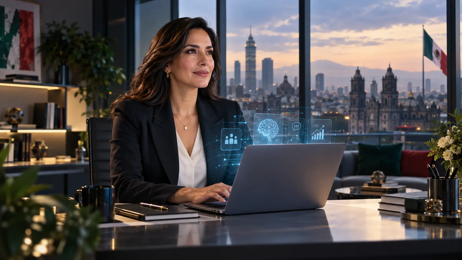 Mexican professional using artificial intelligence during Independence celebrations, surrounded by symbols of leadership, communication, sales and growth.