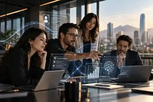 Profissionais mexicanos colaborando com inteligência artificial e análises em um ambiente executivo moderno.