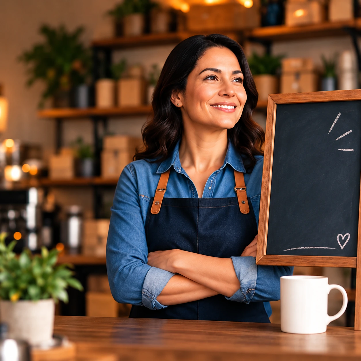 Confident Latina business professional in a warm small-business setting representing growth, sales, leadership and practical AI.