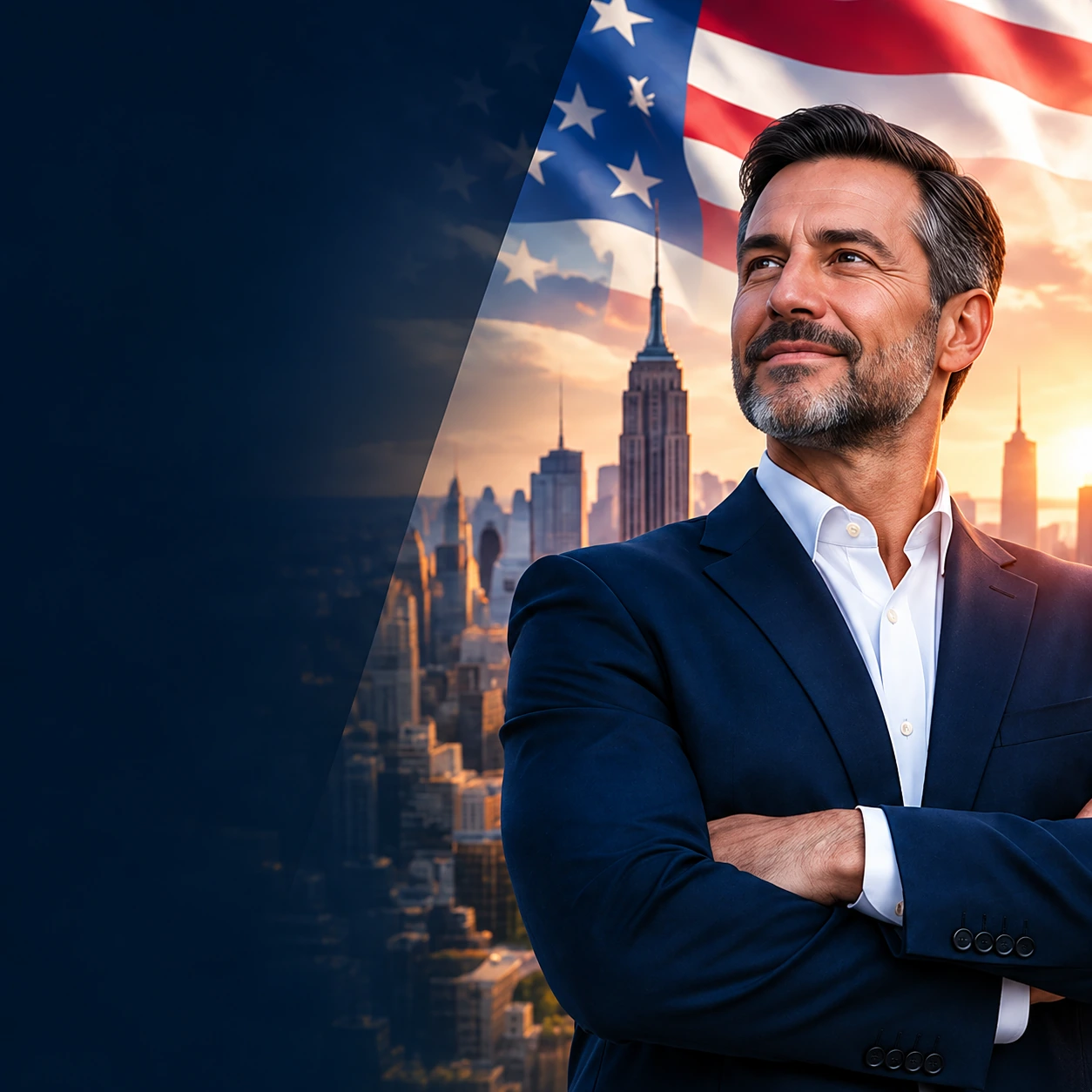 Business professional in a U.S. city with Esteborg messaging about practical AI and competitive growth.