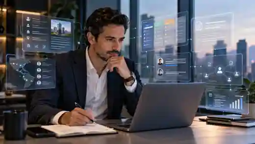 Cadre commercial travaillant avec intelligence artificielle, CRM et analytique dans un bureau moderne.
